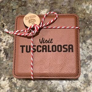Druid City Makerspace Brown Leather Coasters with Visit Tuscaloosa, Set of Four